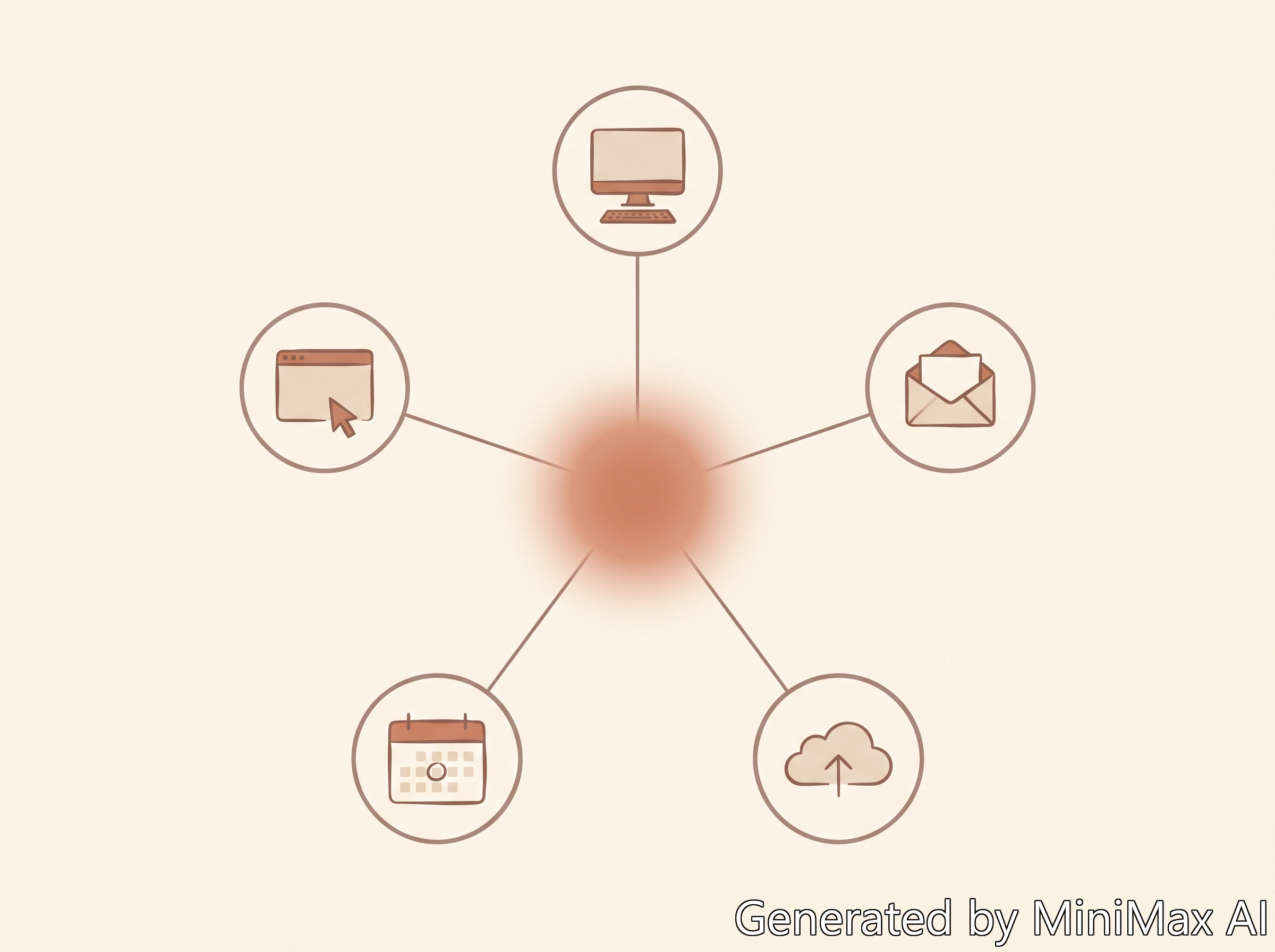 Conceptual diagram showing five AI plugins — Browser, Computer Use, Gmail, Calendar, Drive — connected to a central AI agent, editorial cream and terracotta palette.