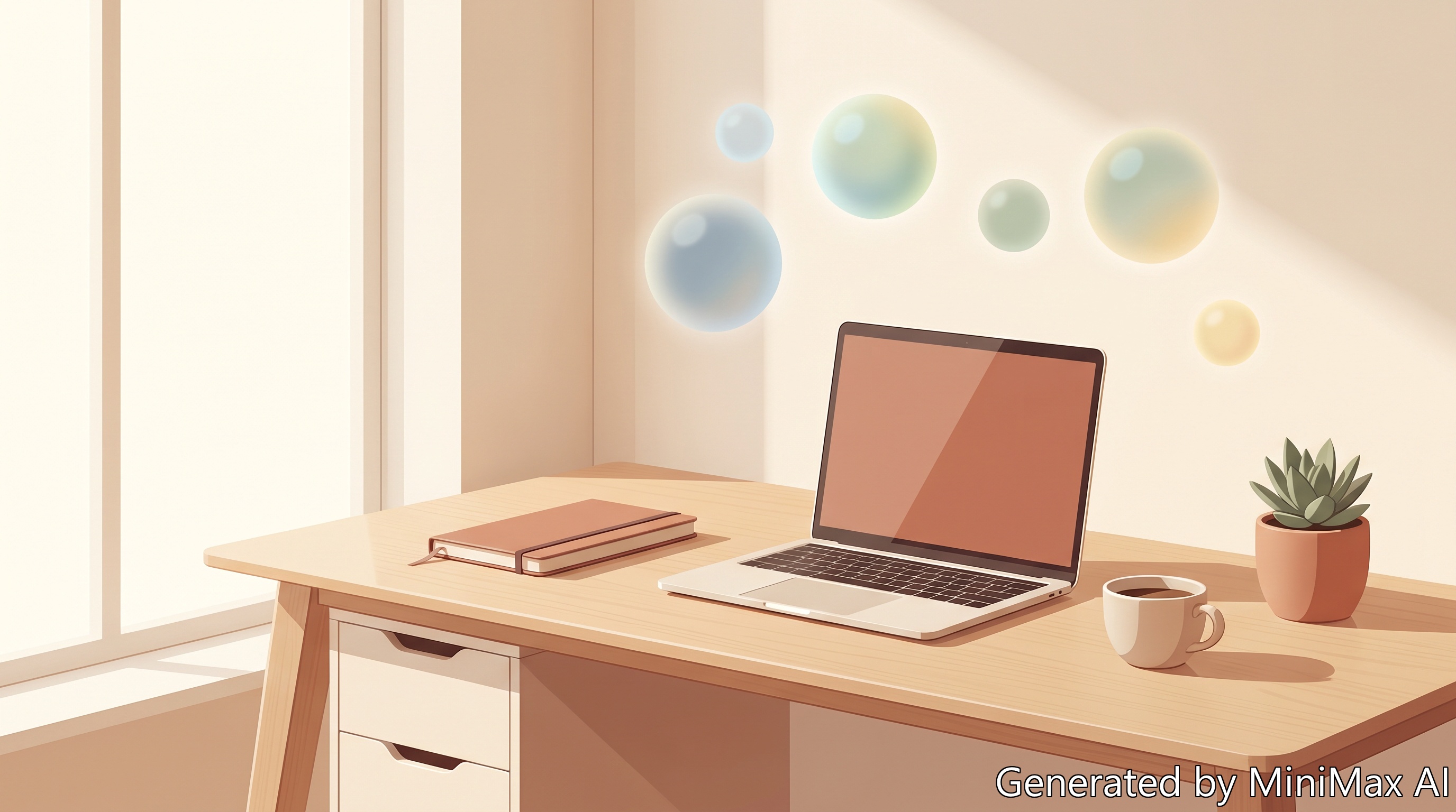 Editorial illustration of a clean modern office workspace with an AI assistant organising tasks — calm productivity, warm cream and terracotta palette.