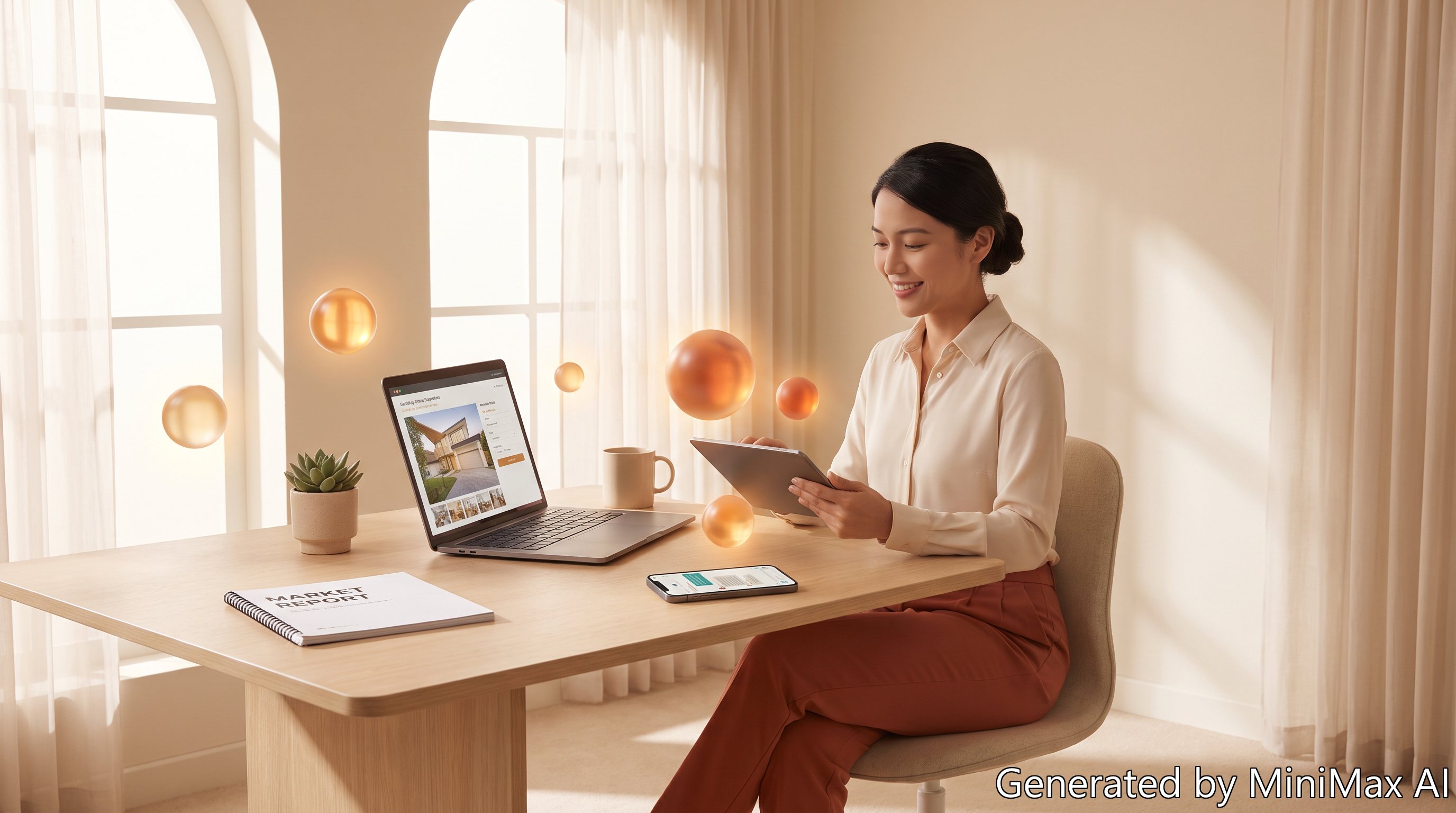 Editorial illustration of a Malaysian real estate agent at a clean modern desk with AI tools helping, warm cream and terracotta palette.